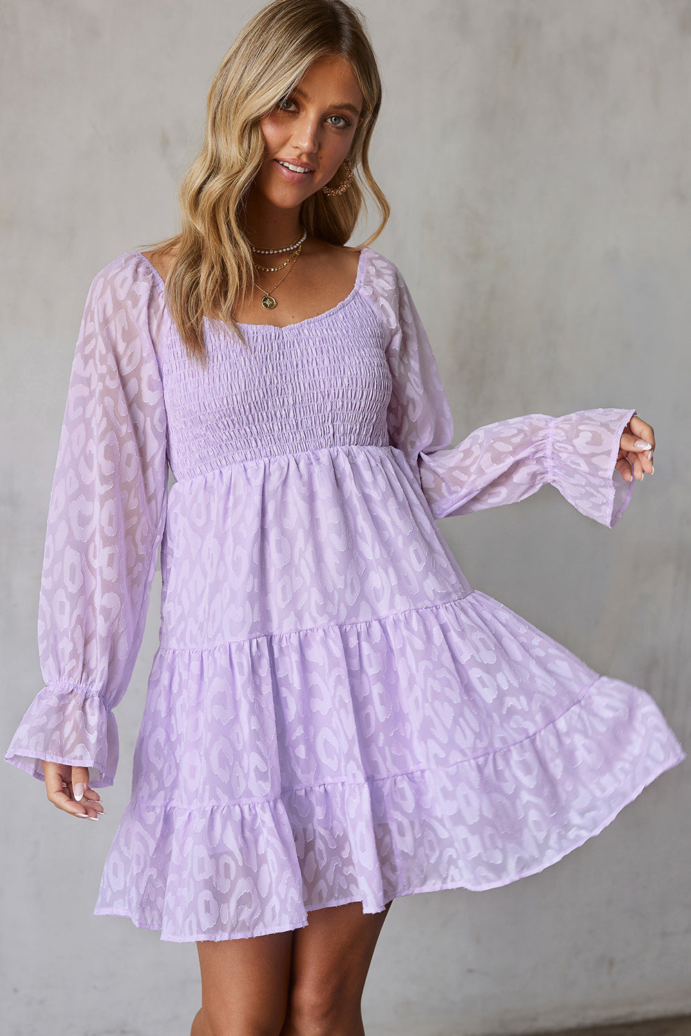 Leopard Print Tiered Long Sleeve Babydoll Dress (3 Colors Available)
