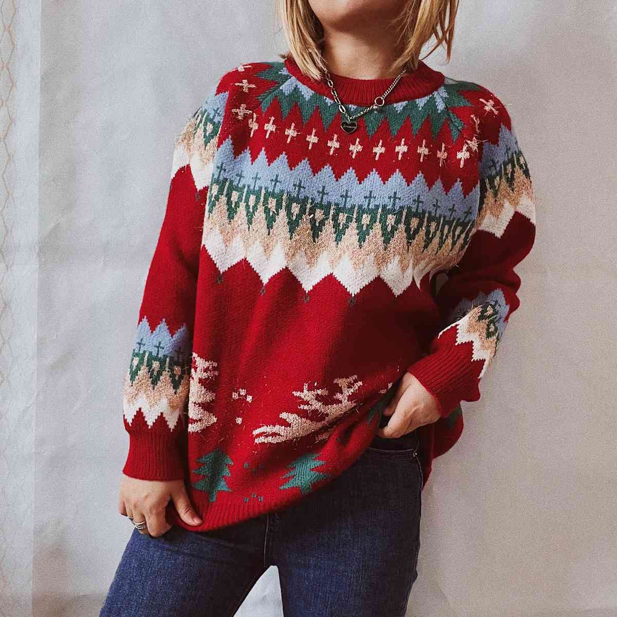 Reindeer Bold Knit Round Neck Classy Holiday Fair Isle Christmas Sweater