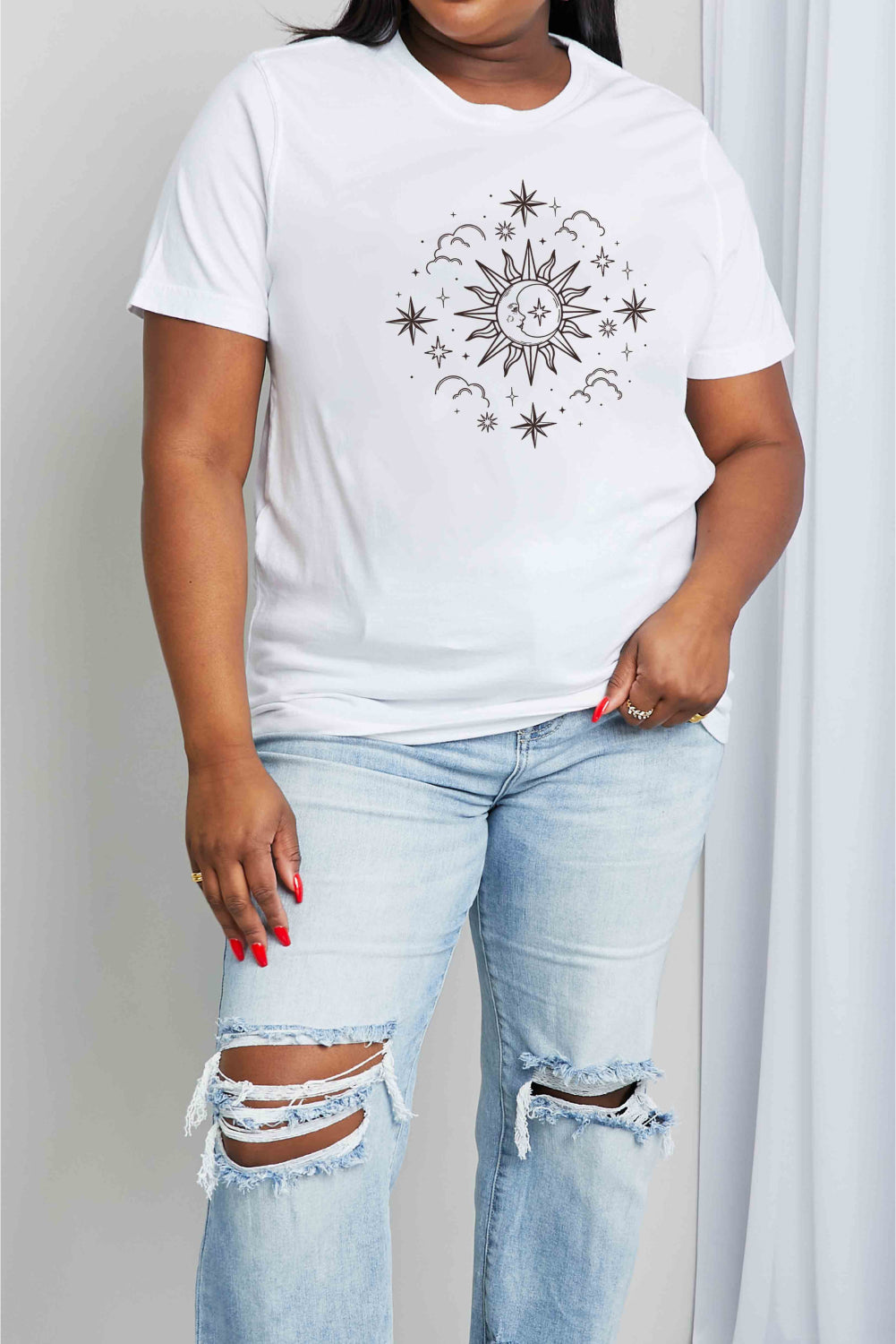 SUN MOON CLOUDS Celestial Graphic Short Sleeve 100% Cotton Tee Shirt (Plus Size Available)