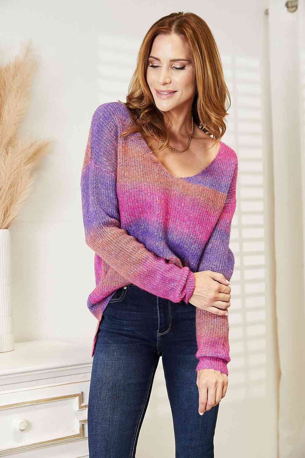 Bright Multicolor Ombre Ribbed Knit Pullover Oversized Split Hem Tunic Sweater Shirt