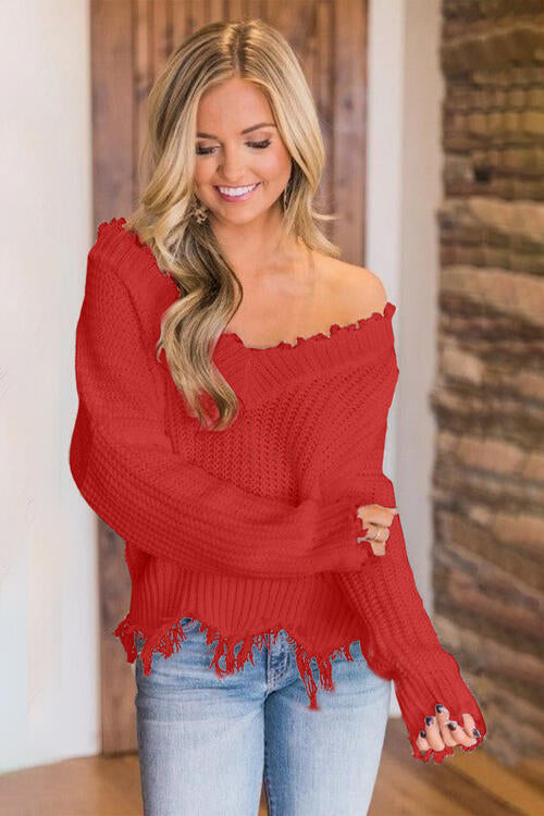 Distressed Raw Hem Off Shoulder Wide Neck Long Sleeve Waffle Knit Sweater Shirt
