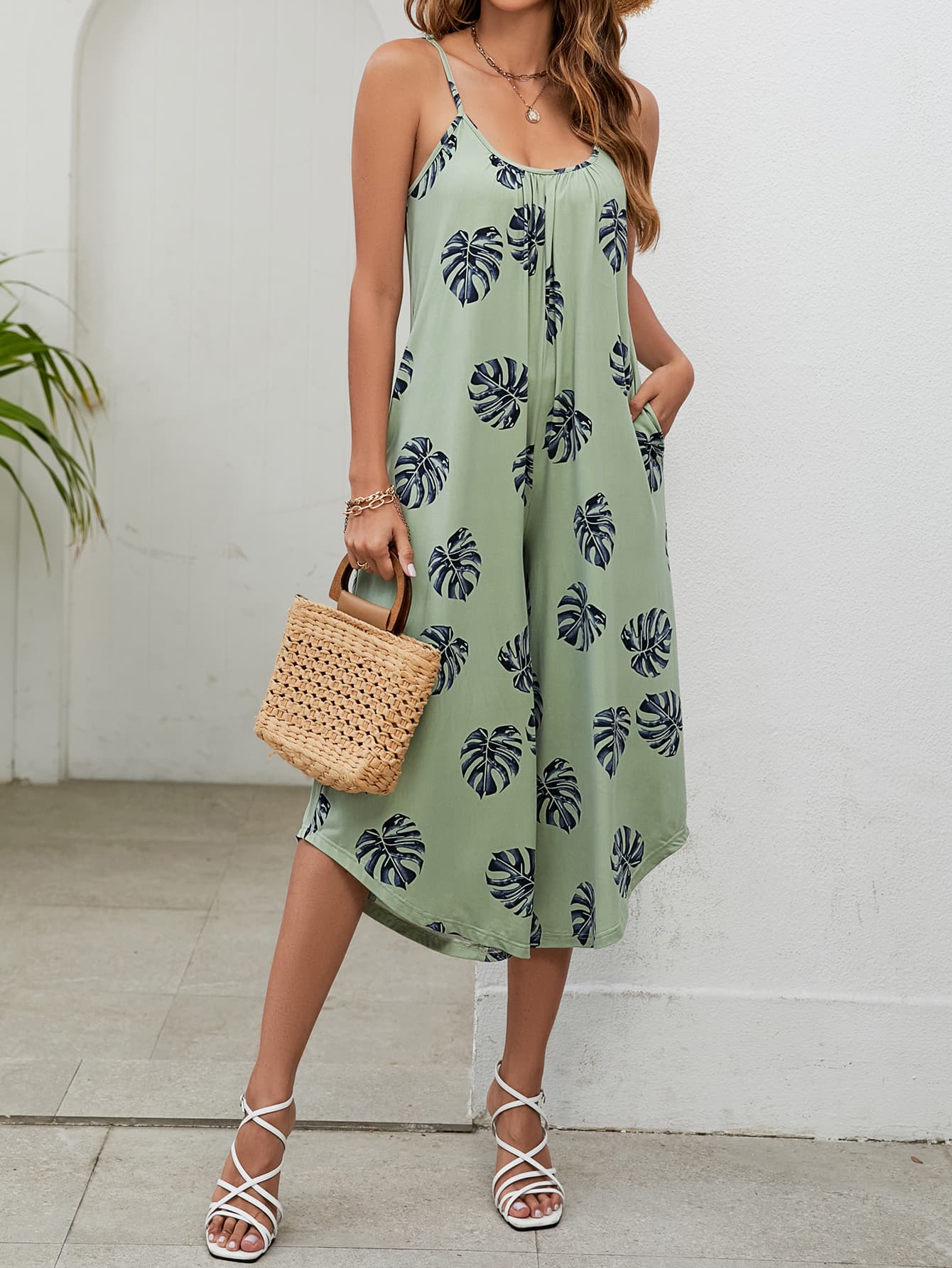 Botanical Palm Sleeveless Bohemian Capri Wide Leg Oversized Pant Pocket Jumpsuit