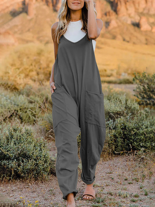 Oversized Hippie V-Neck Sleeveless Pant Pocket Jumpsuit