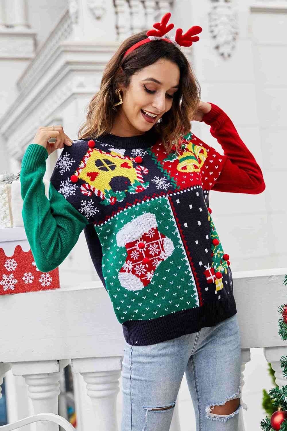 Bold Colorblock Knit Fun Pom Pom Long Sleeve Christmas Holiday Sweater Top