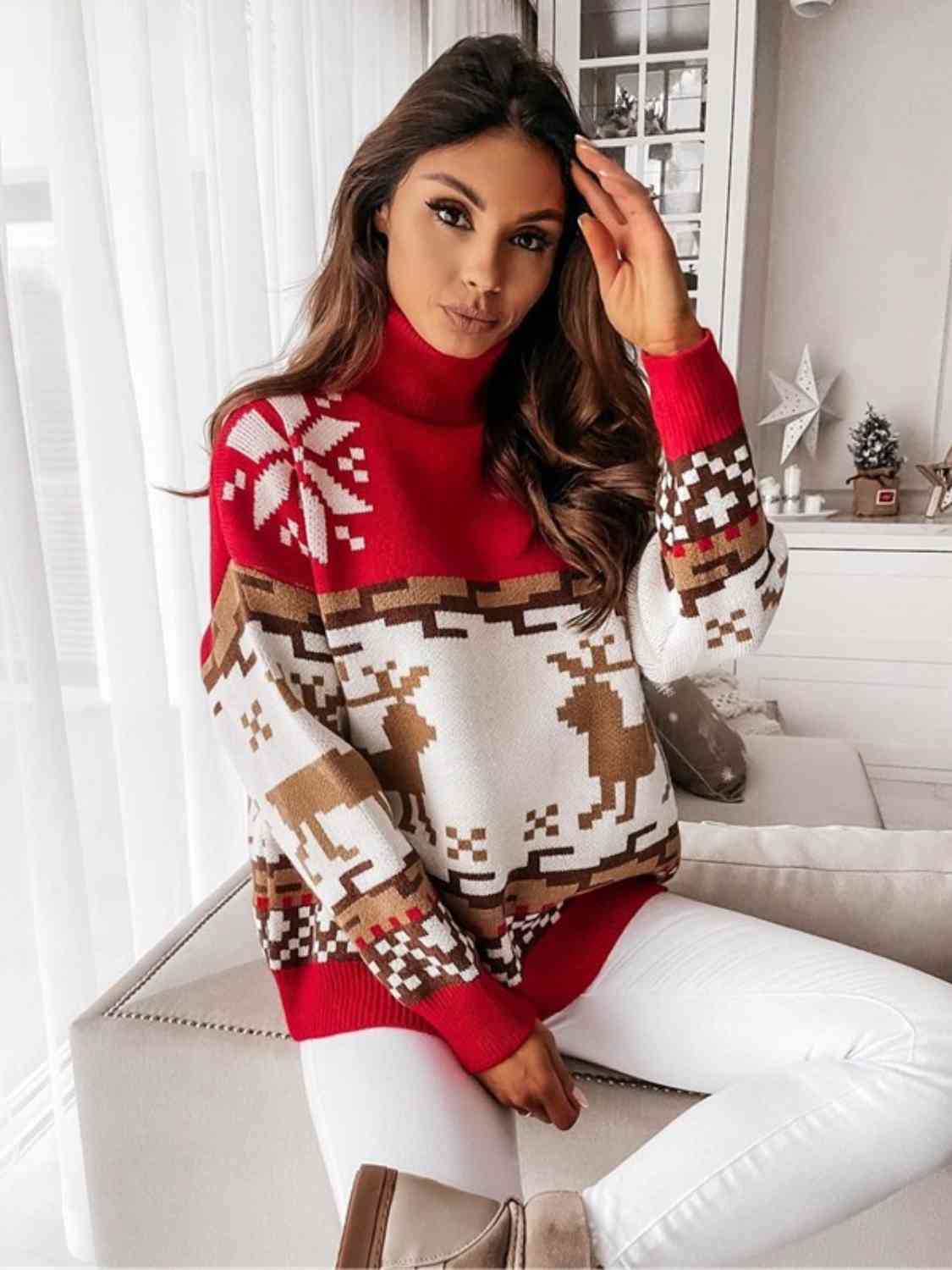 Knit Fair Isle Reindeer Snowflake Turtleneck Bold Geometric Classic Sweater