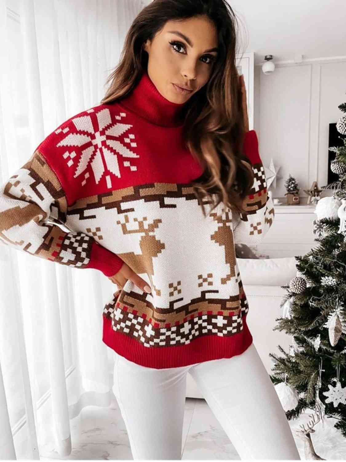 Knit Fair Isle Reindeer Snowflake Turtleneck Bold Geometric Classic Sweater