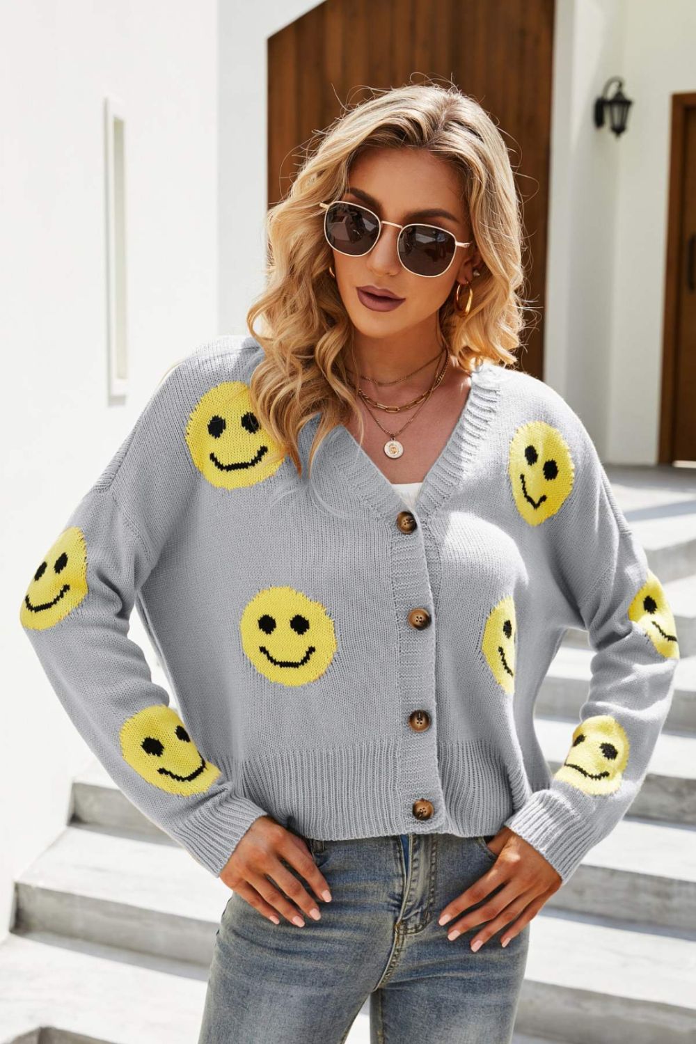 Retro Smiley Face Cropped Classic Knit Button Front Long Sleeve Cardigan