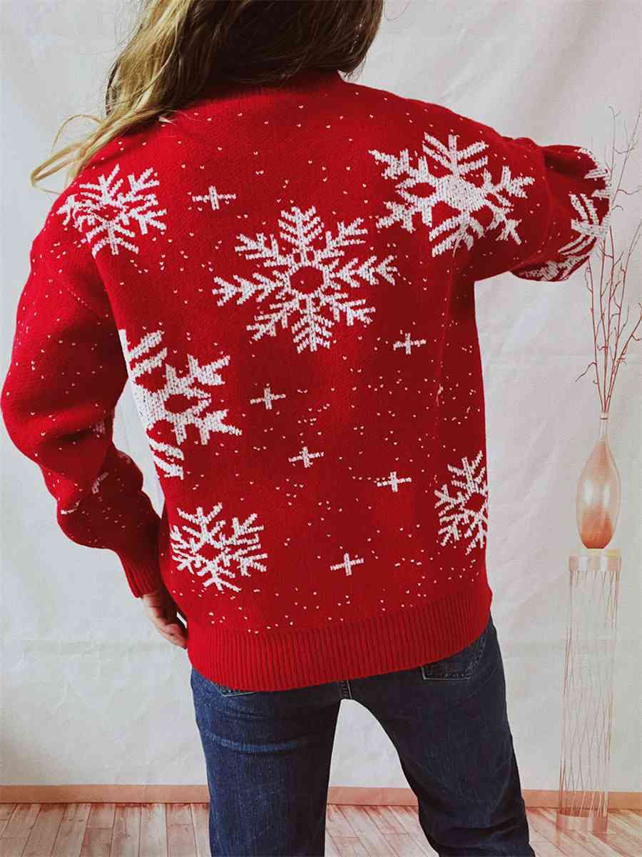 Color Contrast Snowflake Round Neck Long Sleeve Minimalist Winter Sweater