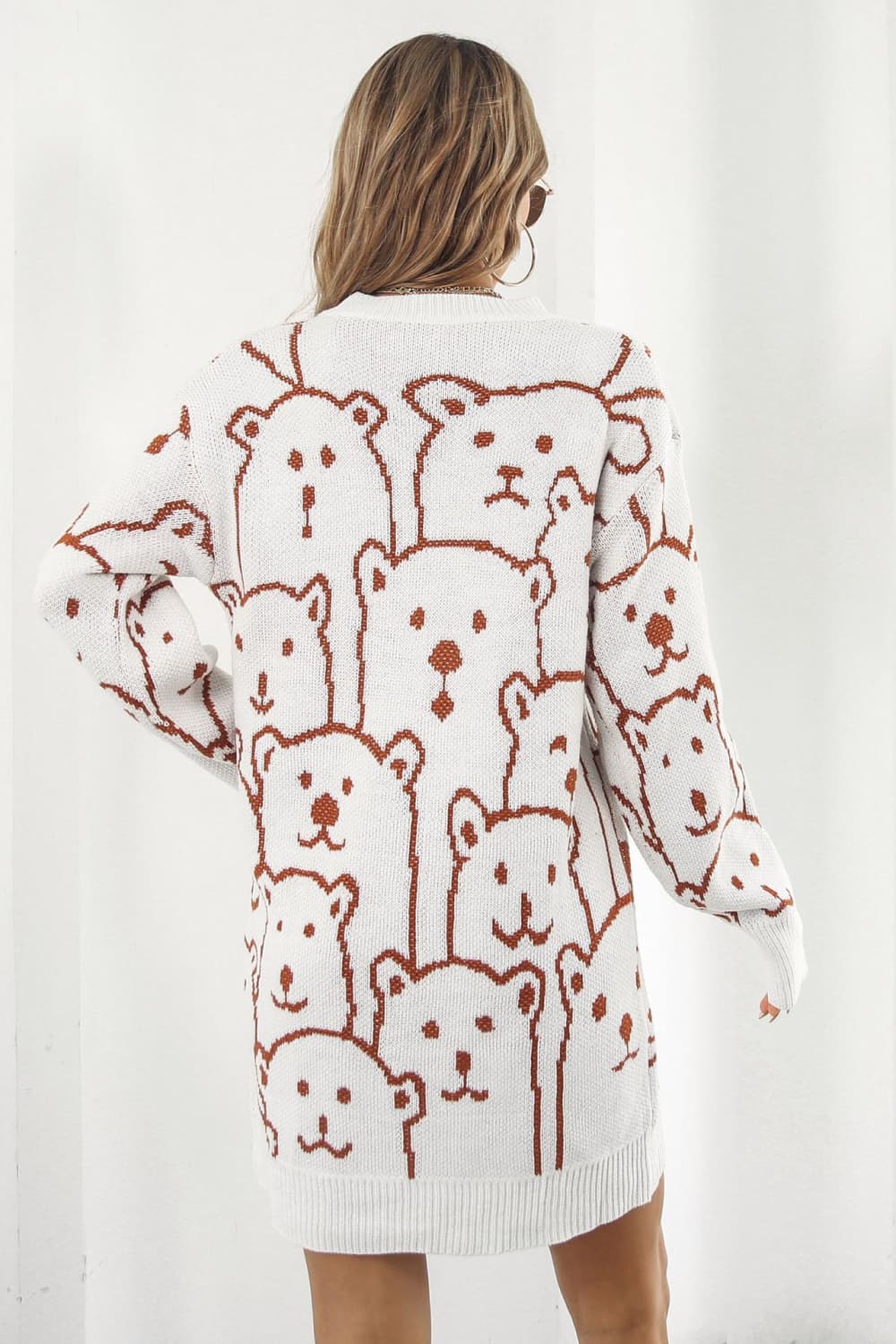 Polar Bear Round Neck Cozy Knit Long Sleeve Mini Sweater Dress