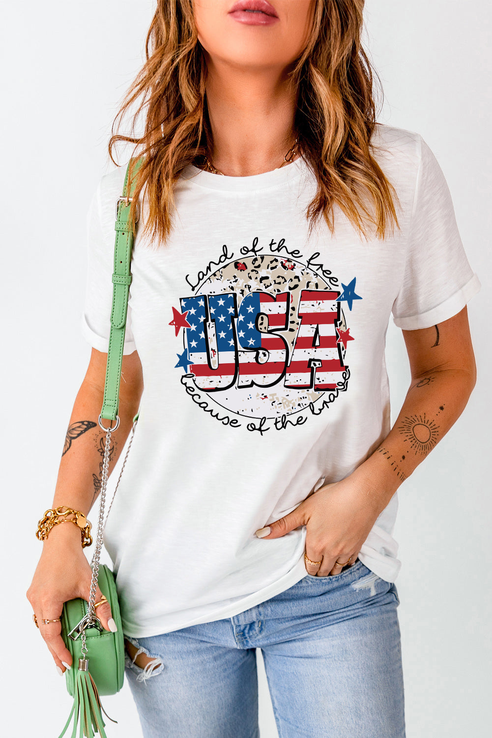 American Because of the Brave USA Leopard Graphic Top Cuffed Short Sleeve Shirt