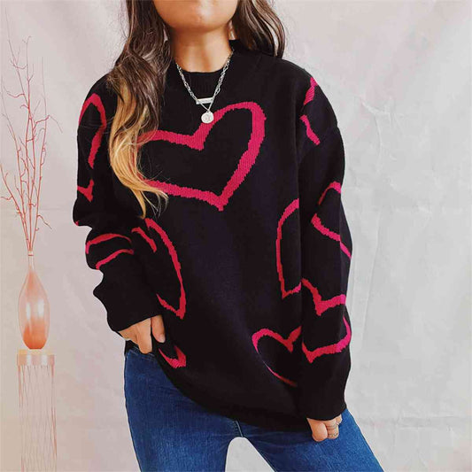 Knit Heart Color Contrasting Classic Long Sleeve Round Neck Pullover Sweater Top