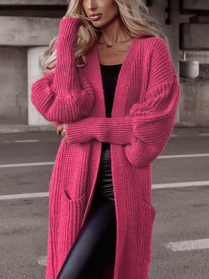 Longline Heavy Waffle Knit Lantern Sleeve Classic Patch Pocket Duster Cardigan