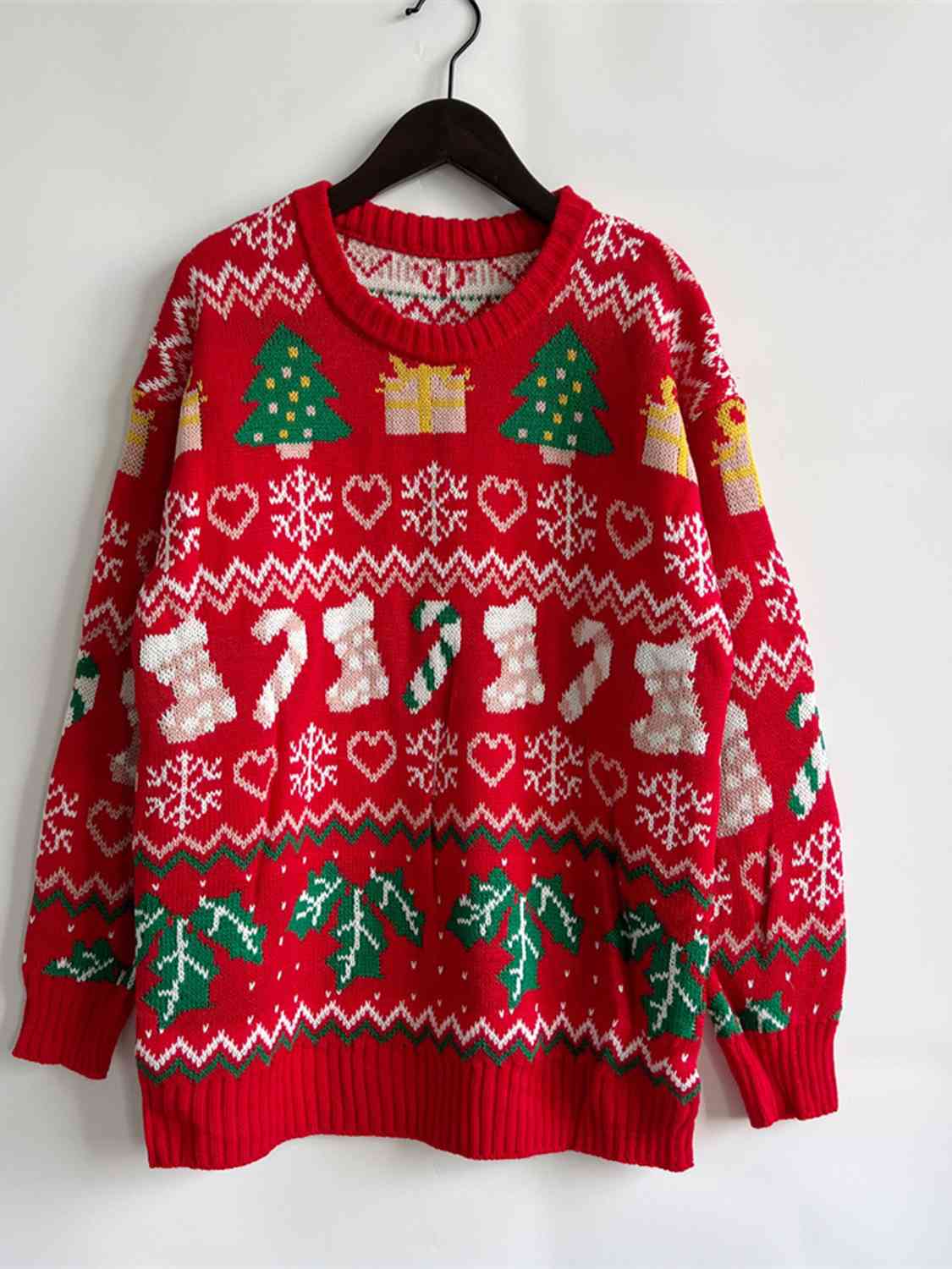Festive Knit Santa Candy Canes Trees Round Neck Holiday Sweater Top