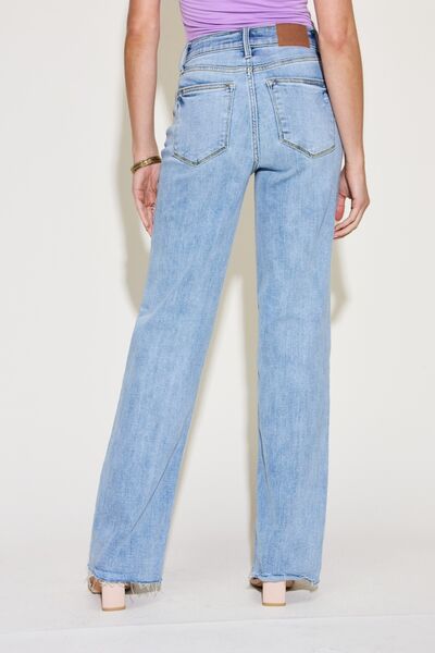 Judy Blue Mid-Rise V-Waist Front Denim Straight Leg Raw Hem Mom Jean Pants