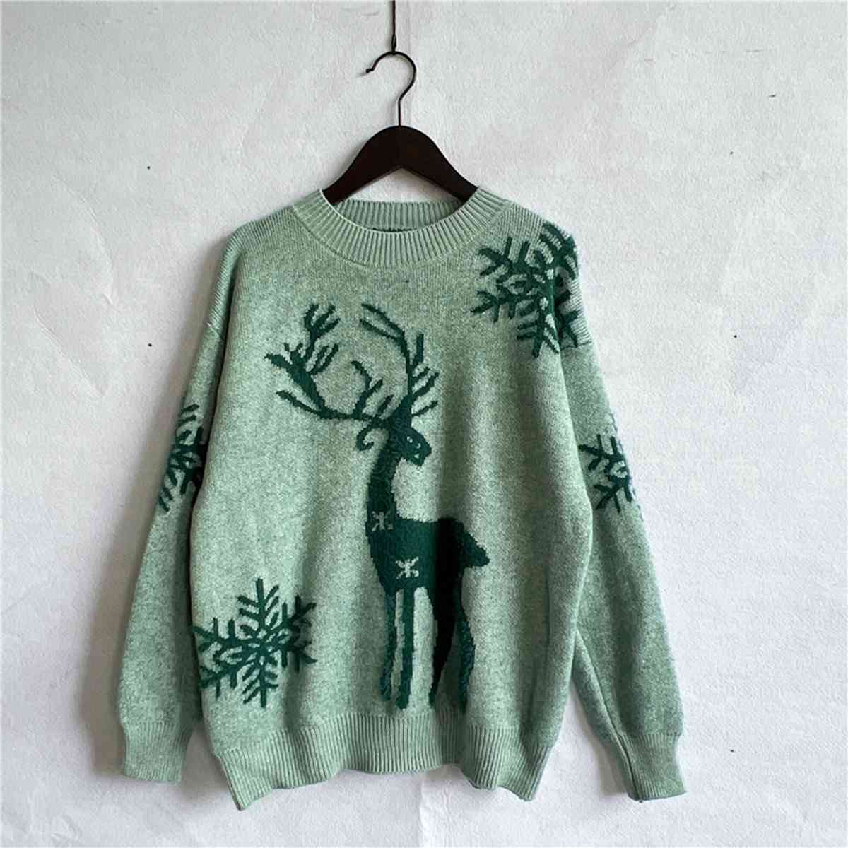 Fuzzy Reindeer Snowflake Knit Round Neck Winter Soft Print Sweater