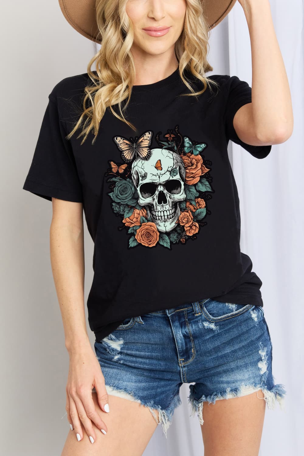 Rose Skull Butterfly Tattoo Graphic 100% Cotton T-Shirt (Plus Size Available)