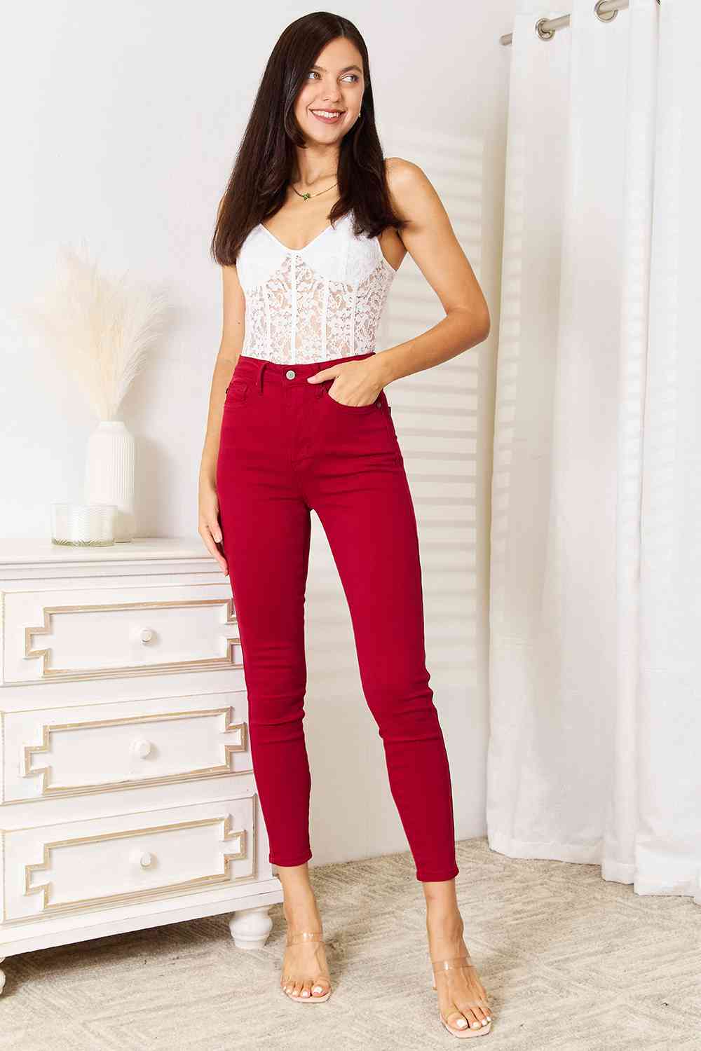 Tummy Control High-Rise Waist Red Demim Judy Blue Skinny Jean Pants