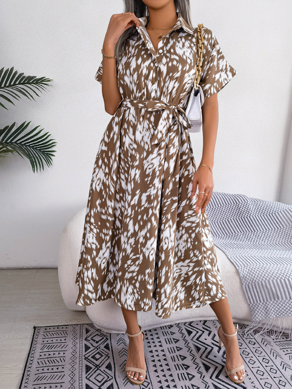 Brush Stroke Print Collared Short Sleeve Waist Tie Belt Midi Dress