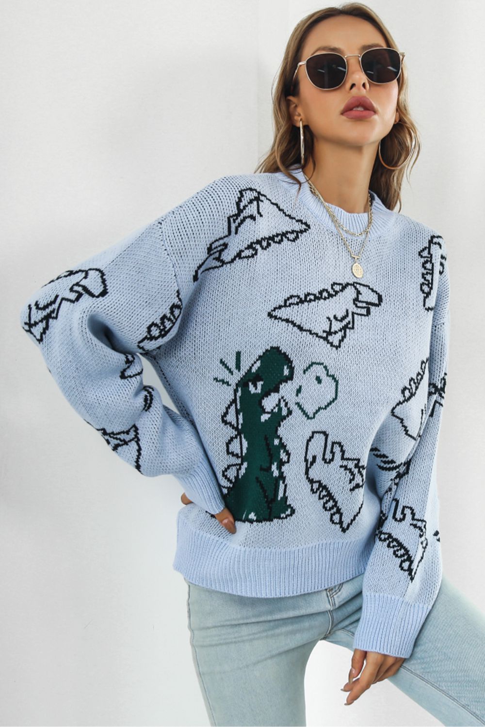 Dinosaur Knit Round Neck Playful Long Sleeve Oversized Pullover Sweater Shirt