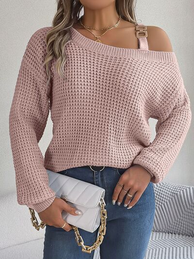 Waffle Knit Cold Shoulder Asymmetrical Gold Accent Long Sleeve Sweater Shirt