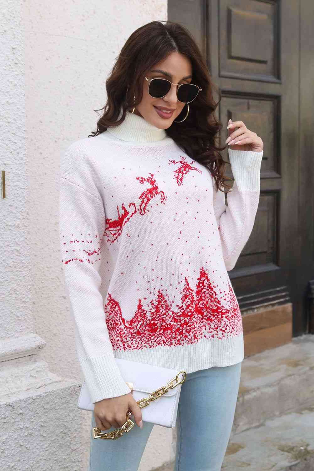 Knit Turtleneck Santa Reindeer Classy Winter Christmas Scene Chic Sweater
