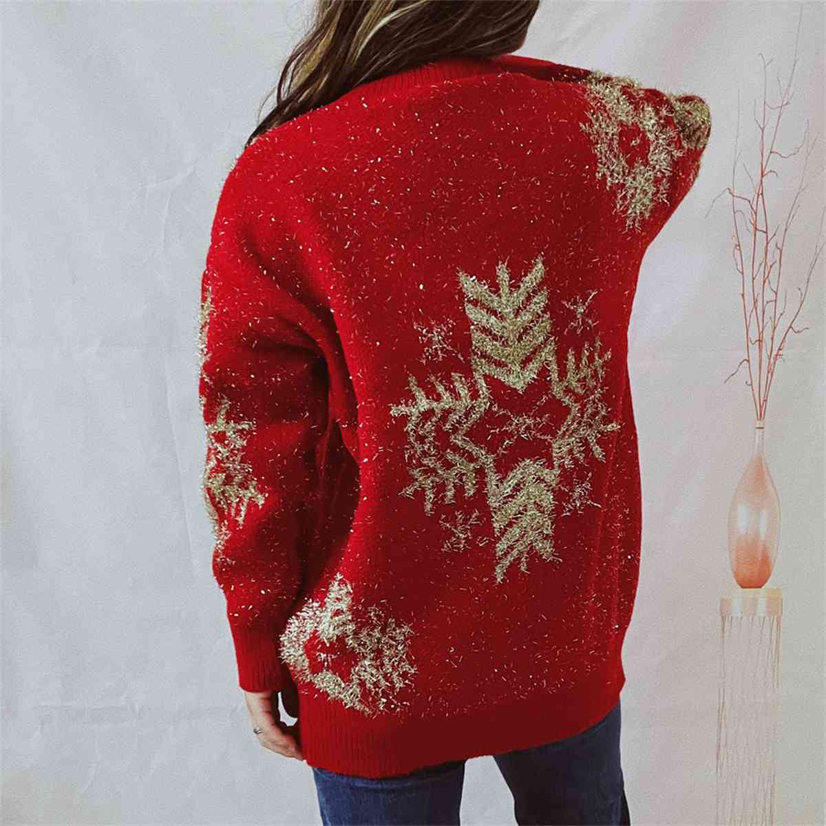 Fuzzy Contrasting Snowflake Knit Round Neck Classy Minimalist Winter Sweater