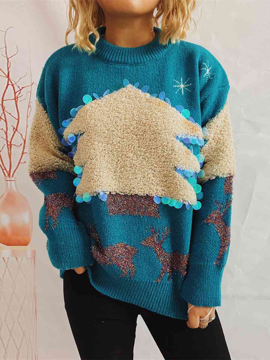 Oversized Sequin Shag Teddy Christmas Tree Reindeer Knit Long Sleeve Sweater Top