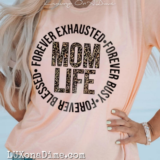 MOM LIFE Exhausted Busy Blessed Leopard Graphic Tee