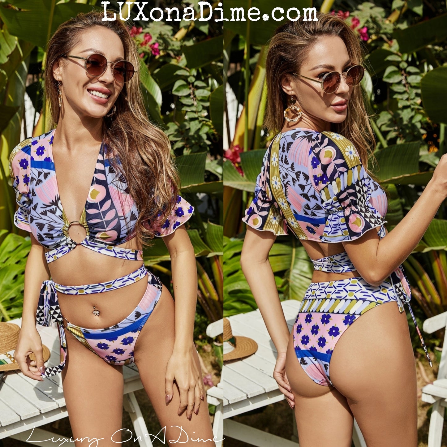 Short Sleeve String Tie-Waist Exotic Bikini Set (2 Prints Available)