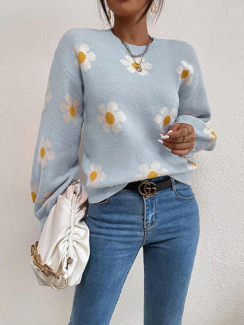Daisy Retro Flower Knit Pullover Classic Long Lantern Sleeve Sweater Shirt