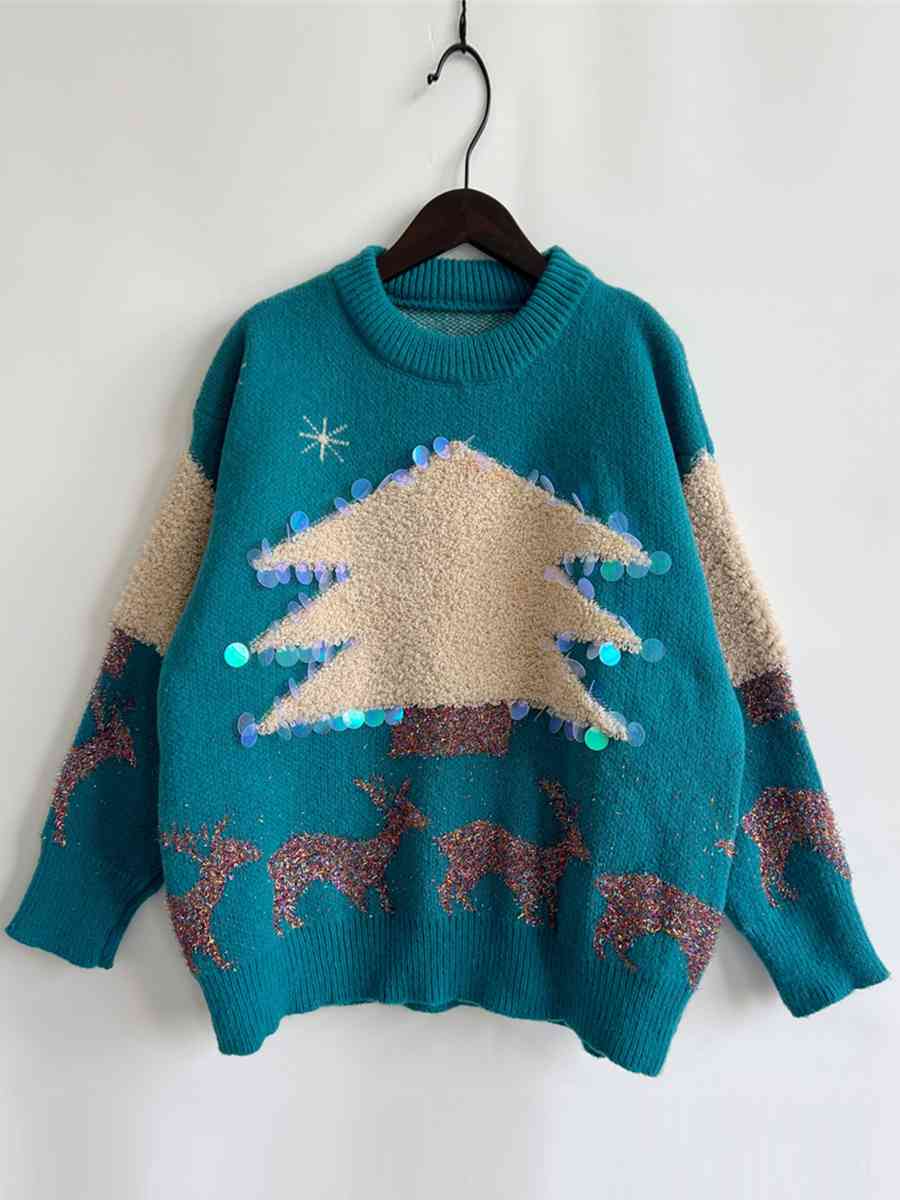 Oversized Sequin Shag Teddy Christmas Tree Reindeer Knit Long Sleeve Sweater Top
