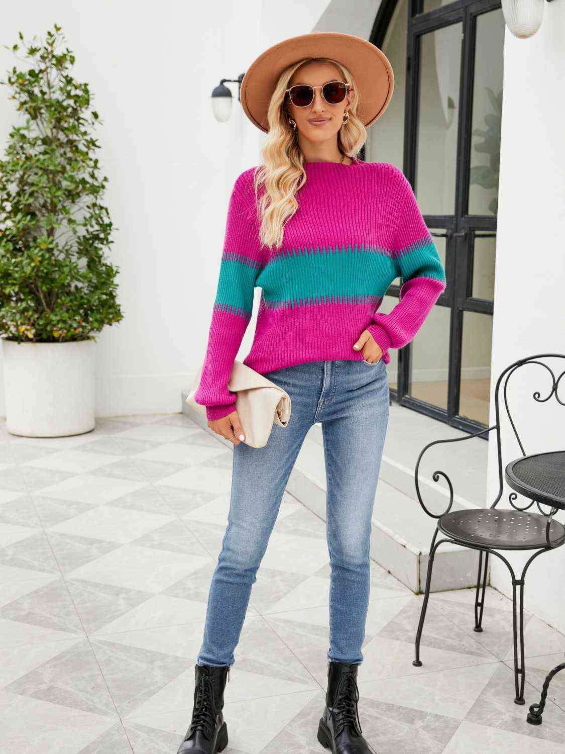 Contrasting Color Block Ribbed Knit Long Sleeve Patchwork Minimalist Sweater