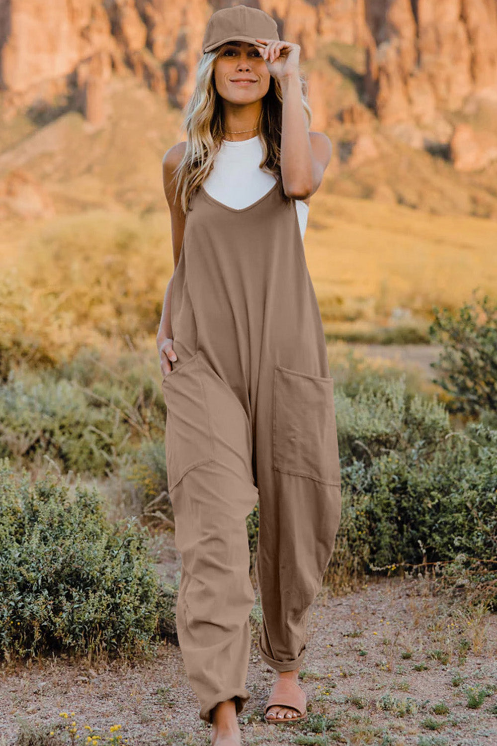 Oversized Hippie V-Neck Sleeveless Pant Pocket Jumpsuit