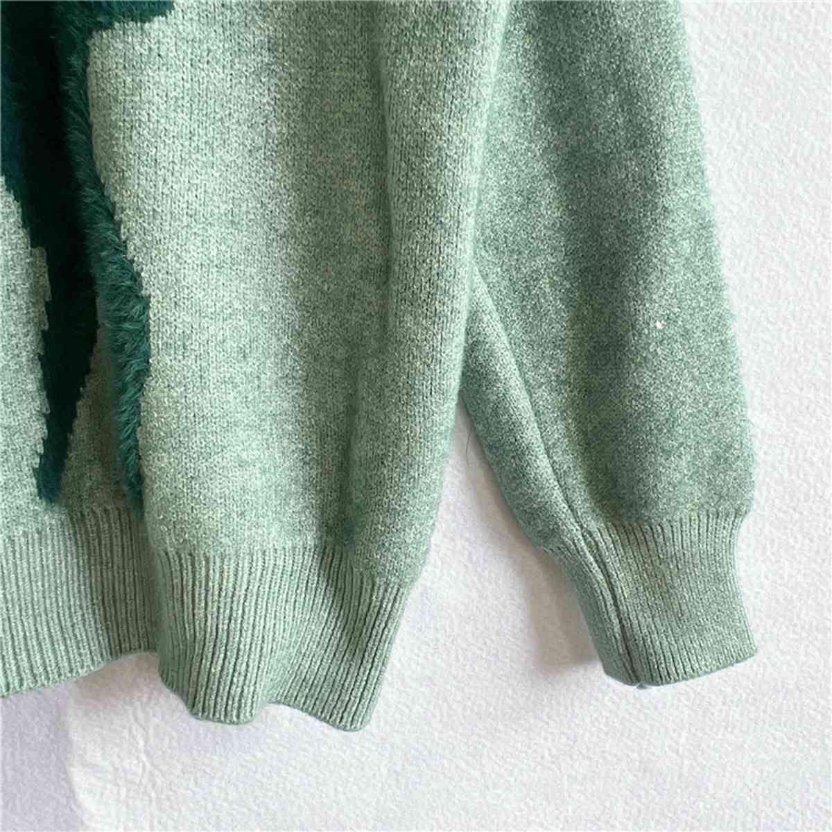 Fuzzy Reindeer Snowflake Knit Round Neck Winter Soft Print Sweater