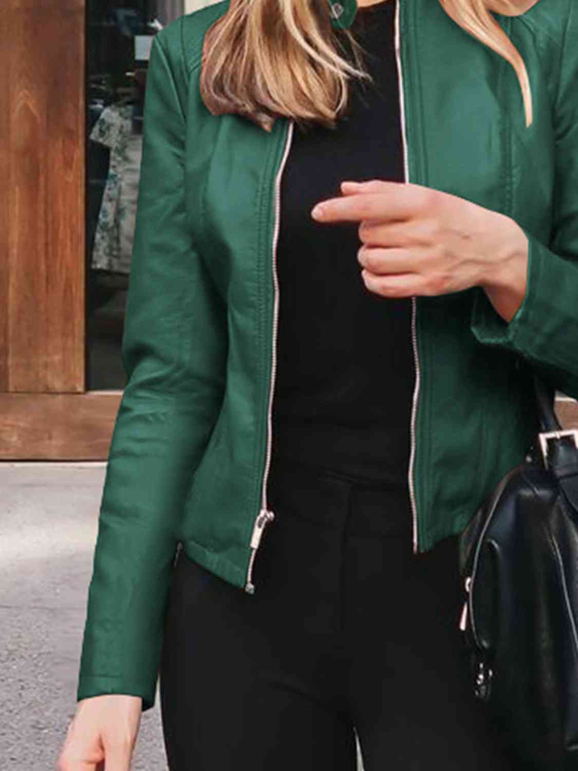 Chic Moto Vegan Leather Jacket Zip-up Sleek Snap Mock Neck
