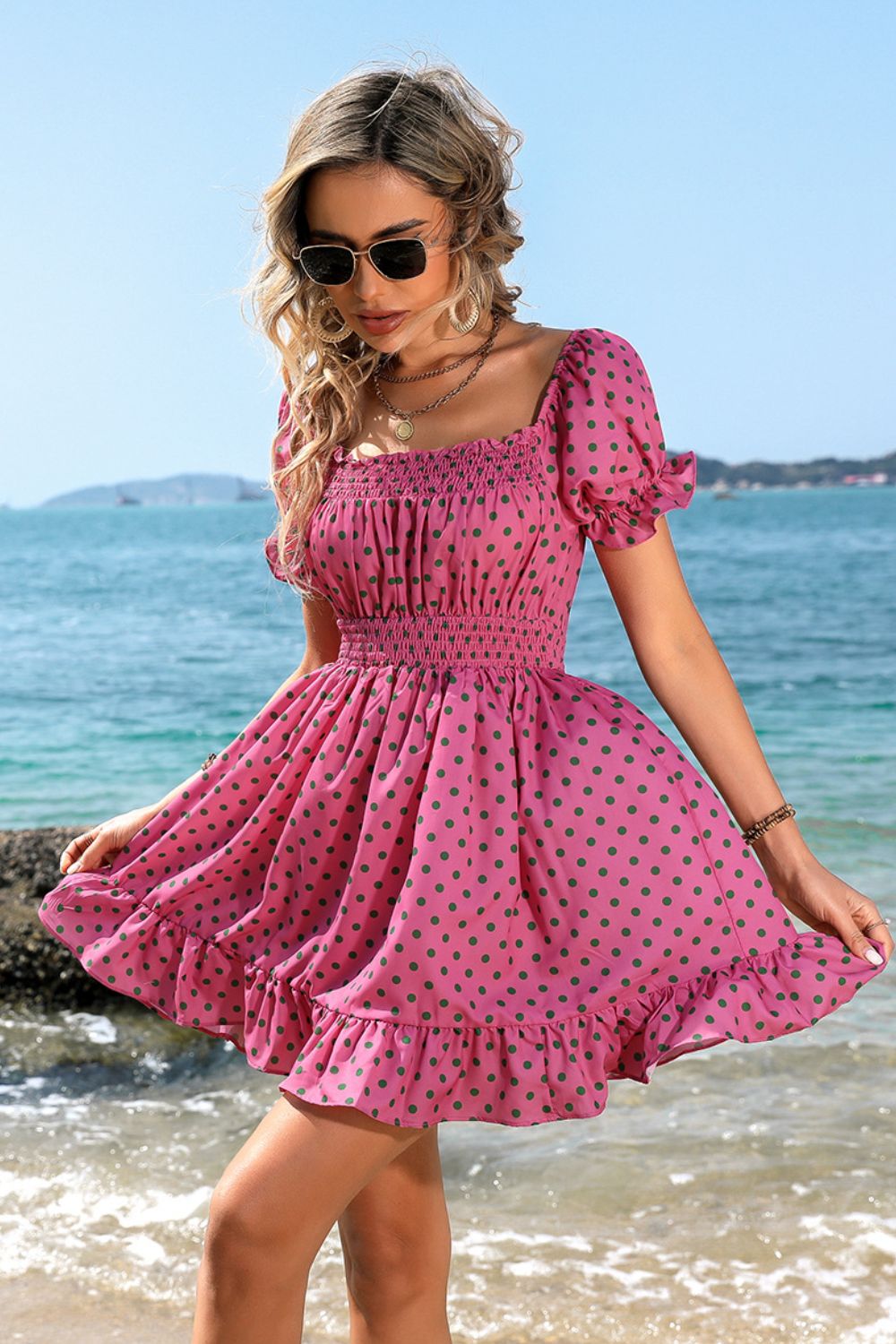 Ruffle Accent Smocked Chest and Waist Babydoll Mini Dress