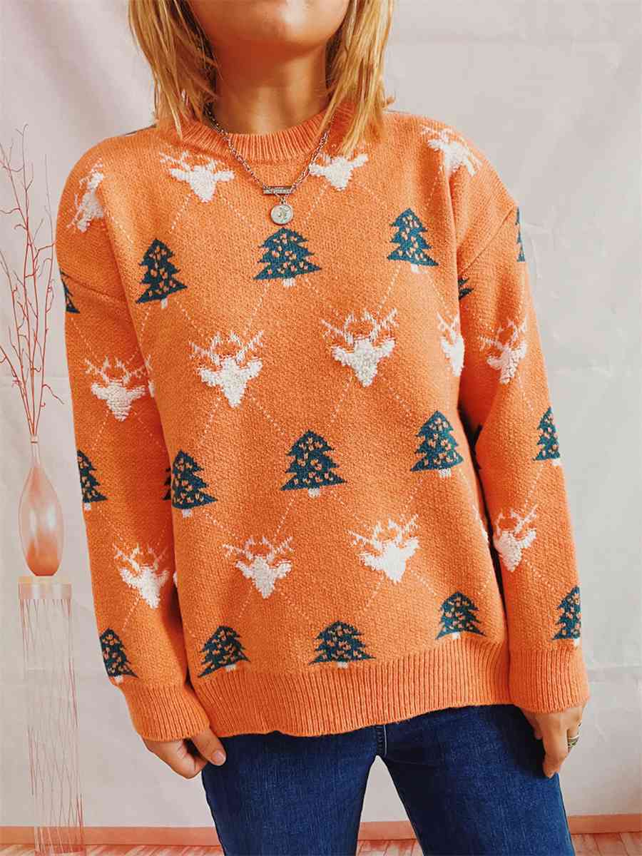 Fuzzy Shag Knit Reindeer Tree Argyle Round Neck Winter Soft Print Sweater