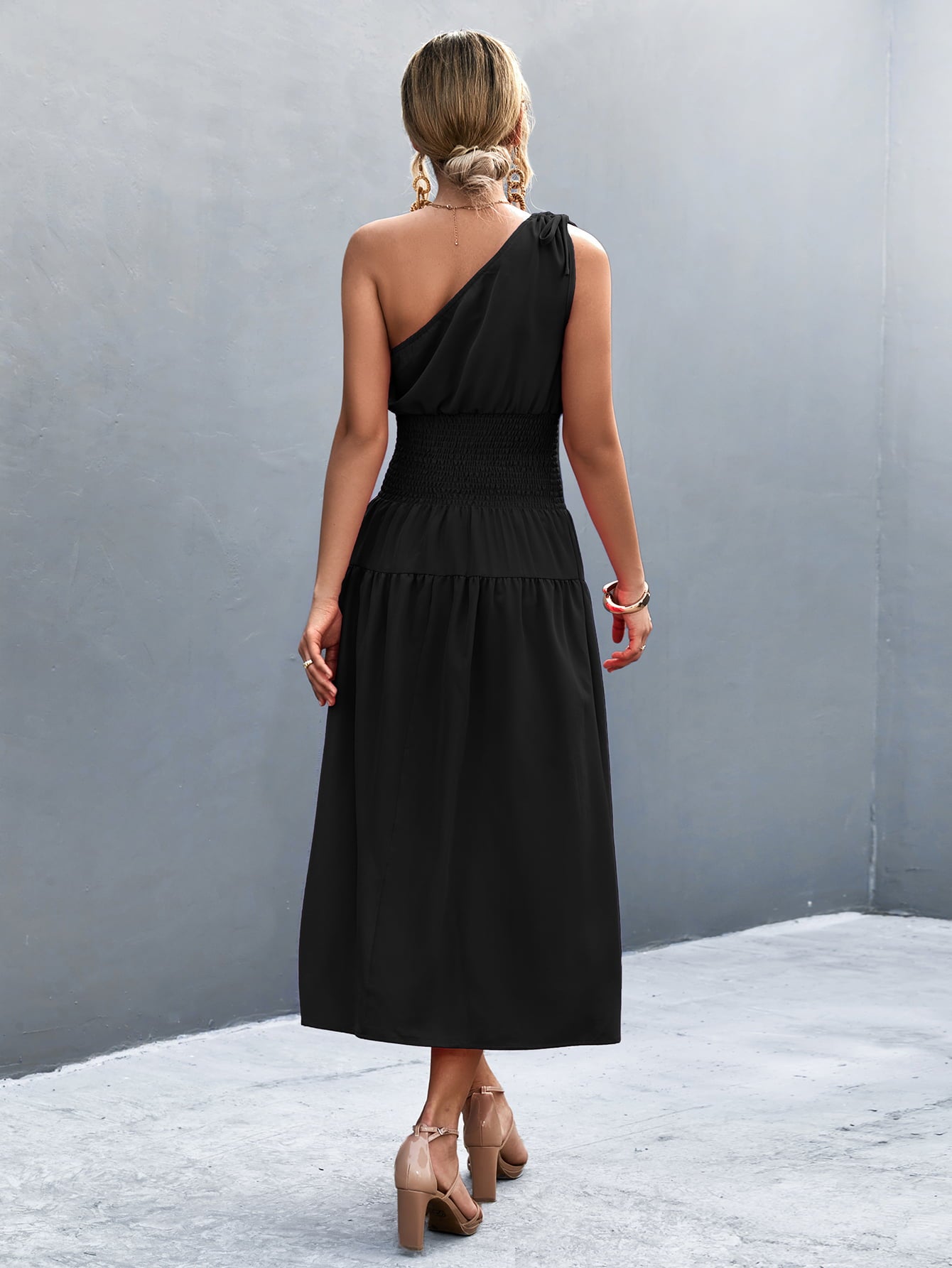 Cinch Tie Asymmetrical One Shoulder Smocked Waist Midi Dress