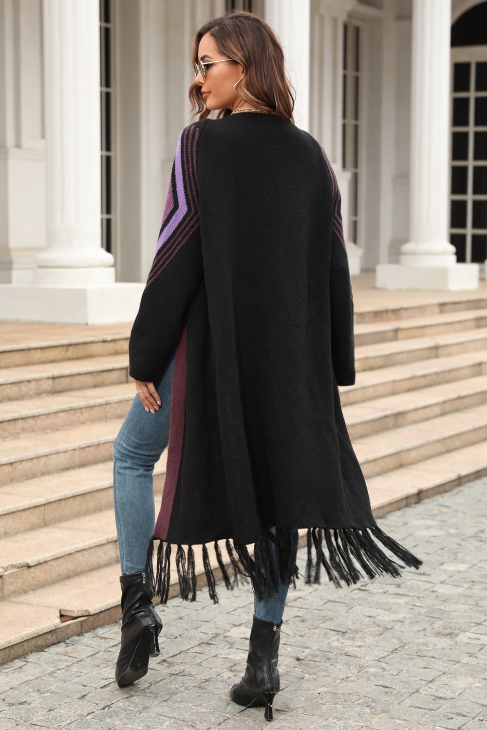 Fringe Retro Geometric Knit Cardigan Sleeve Colorful Open Front Sweater Duster