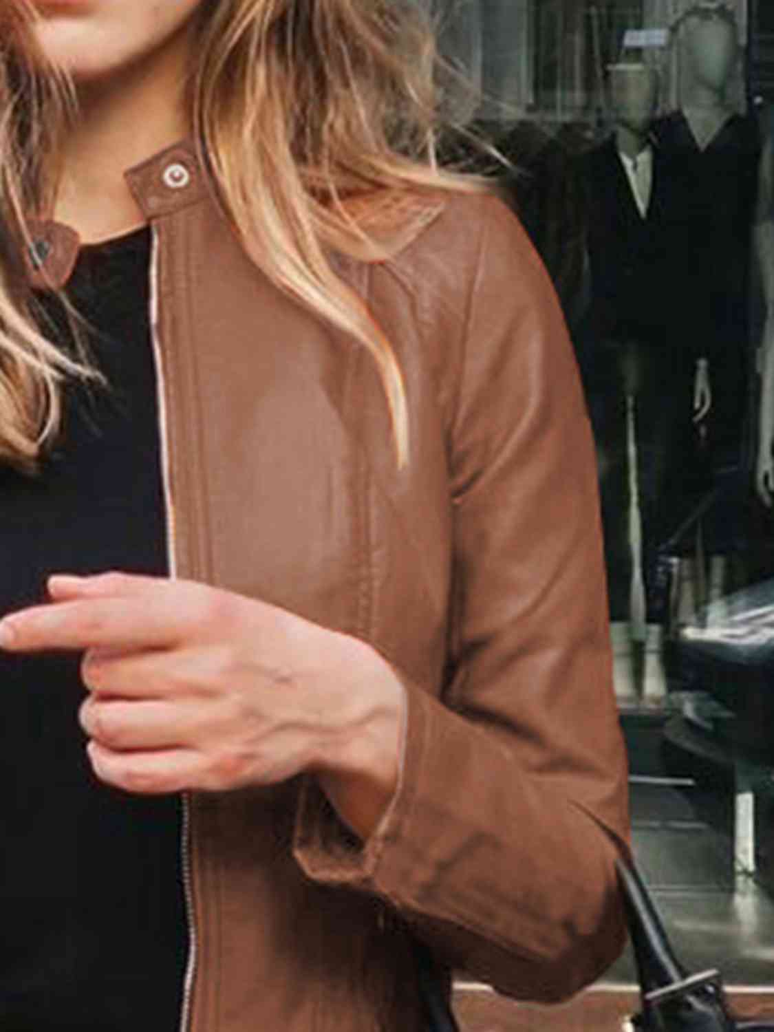 Chic Moto Vegan Leather Jacket Zip-up Sleek Snap Mock Neck