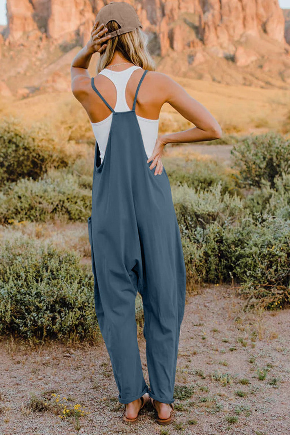 Oversized Hippie V-Neck Sleeveless Pant Pocket Jumpsuit