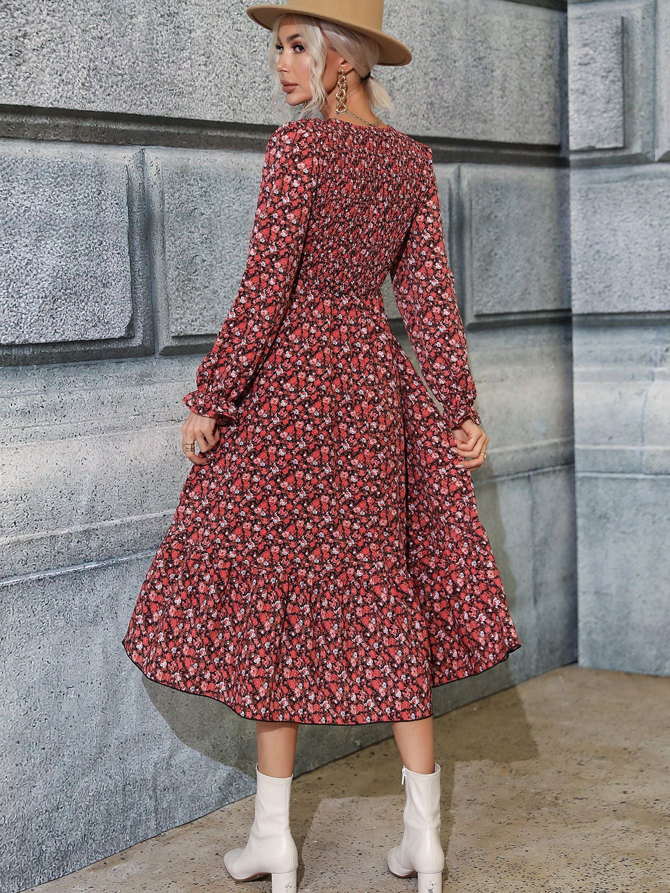 Retro Floral Print Modest Long-sleeve Smocked Bodice Midi Prairie Dress