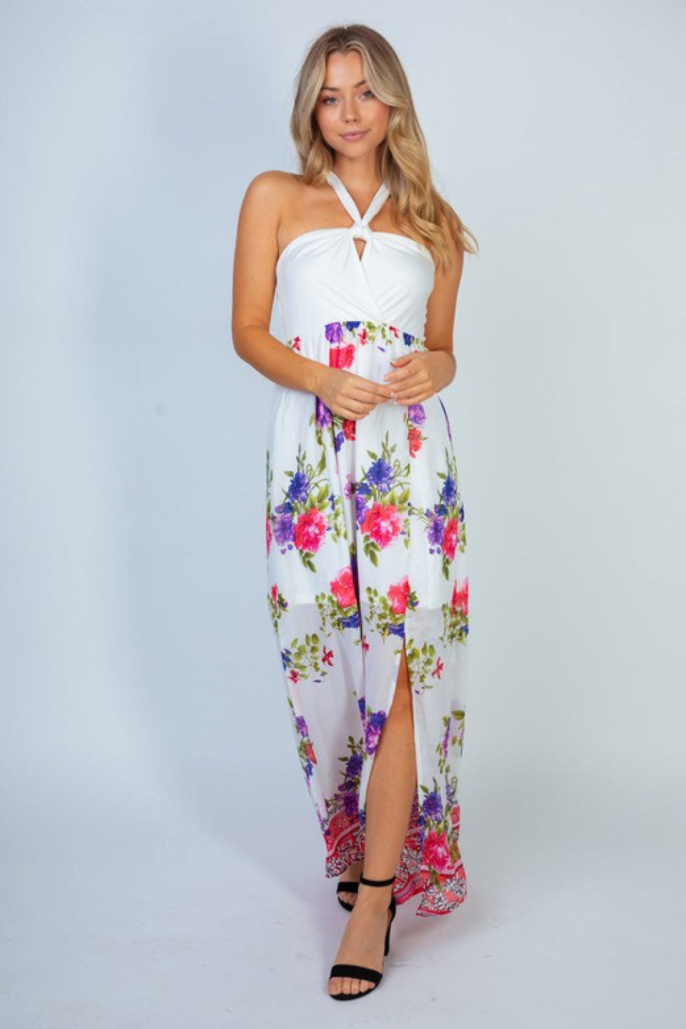 Floral Keyhole Halter Dress Colorful Sheer Mini Mock Maxi (Plus Size Available)