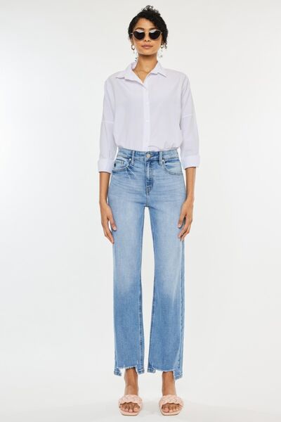 KanCan High-Rise Waist Distressed Raw Hem Wide Leg Mom Denim Jean Pants