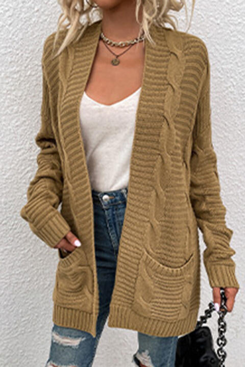 Oversized Cable Knit Classic Open Front Patch Pocket Cardigan Fall Winter