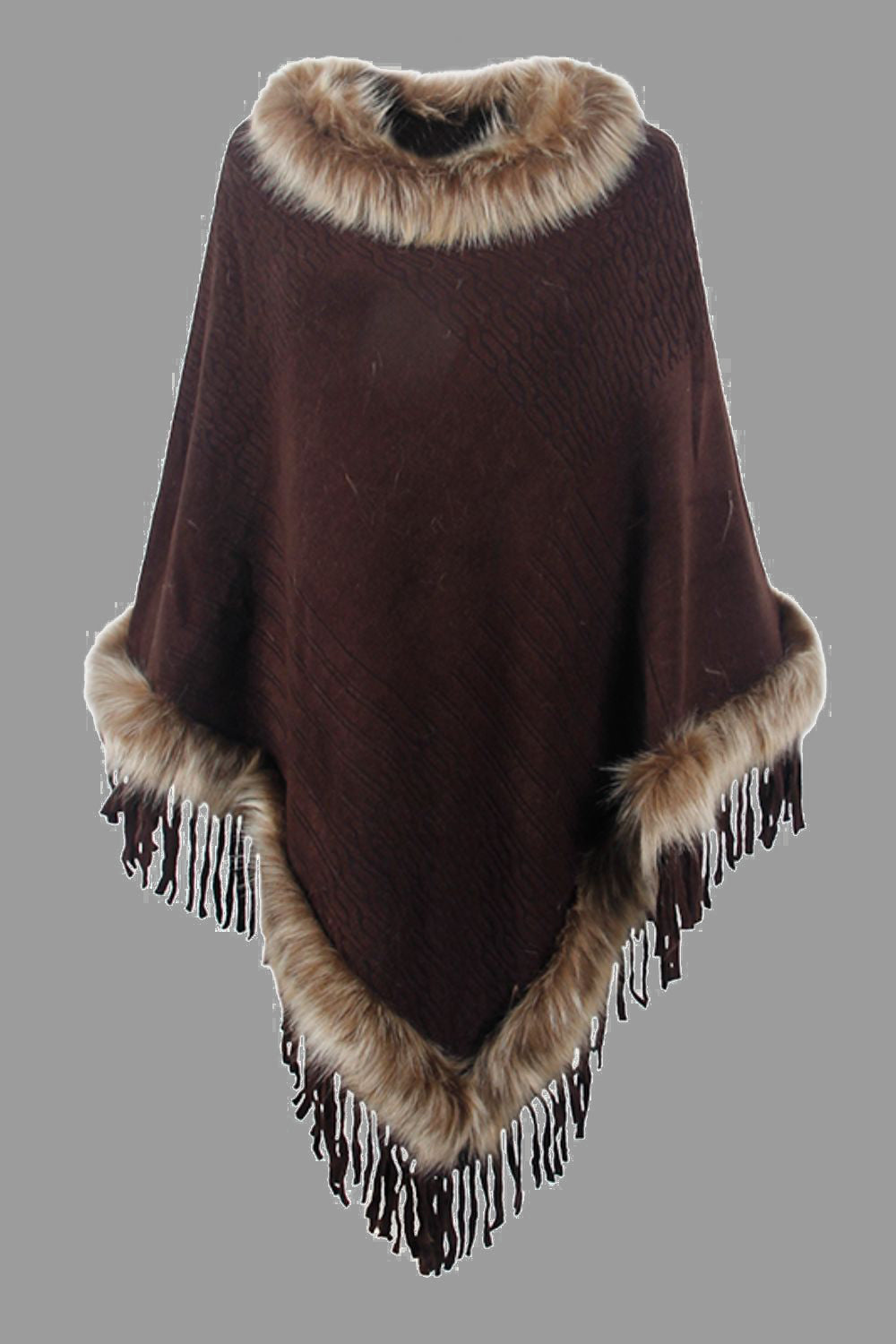 Faux Fur Retro Fringe Hem Textured Knit Pullover Poncho