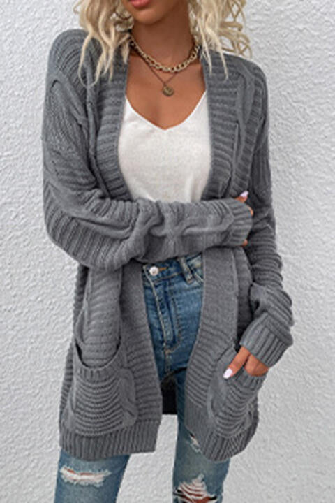 Oversized Cable Knit Classic Open Front Patch Pocket Cardigan Fall Winter