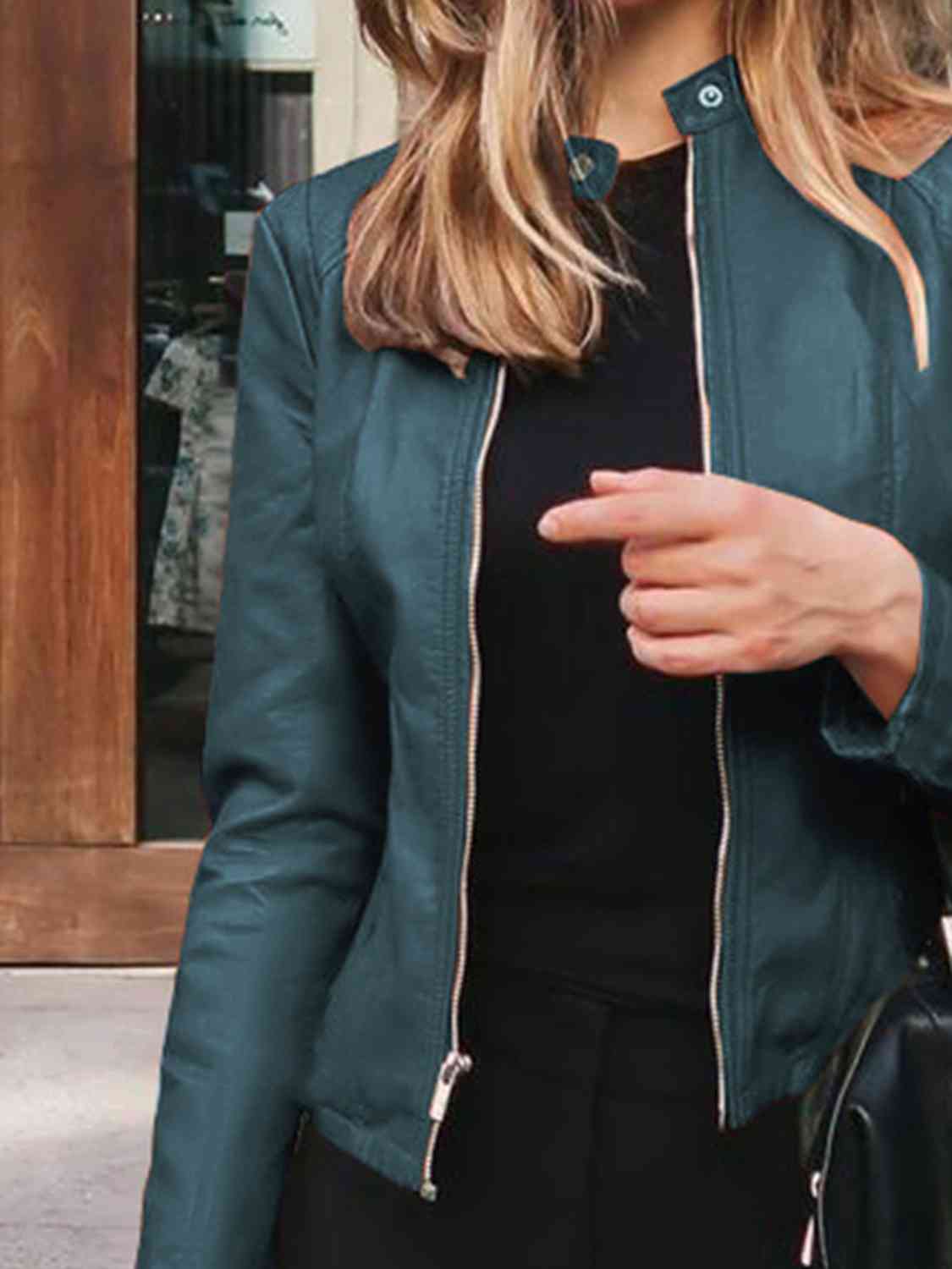 Chic Moto Vegan Leather Jacket Zip-up Sleek Snap Mock Neck