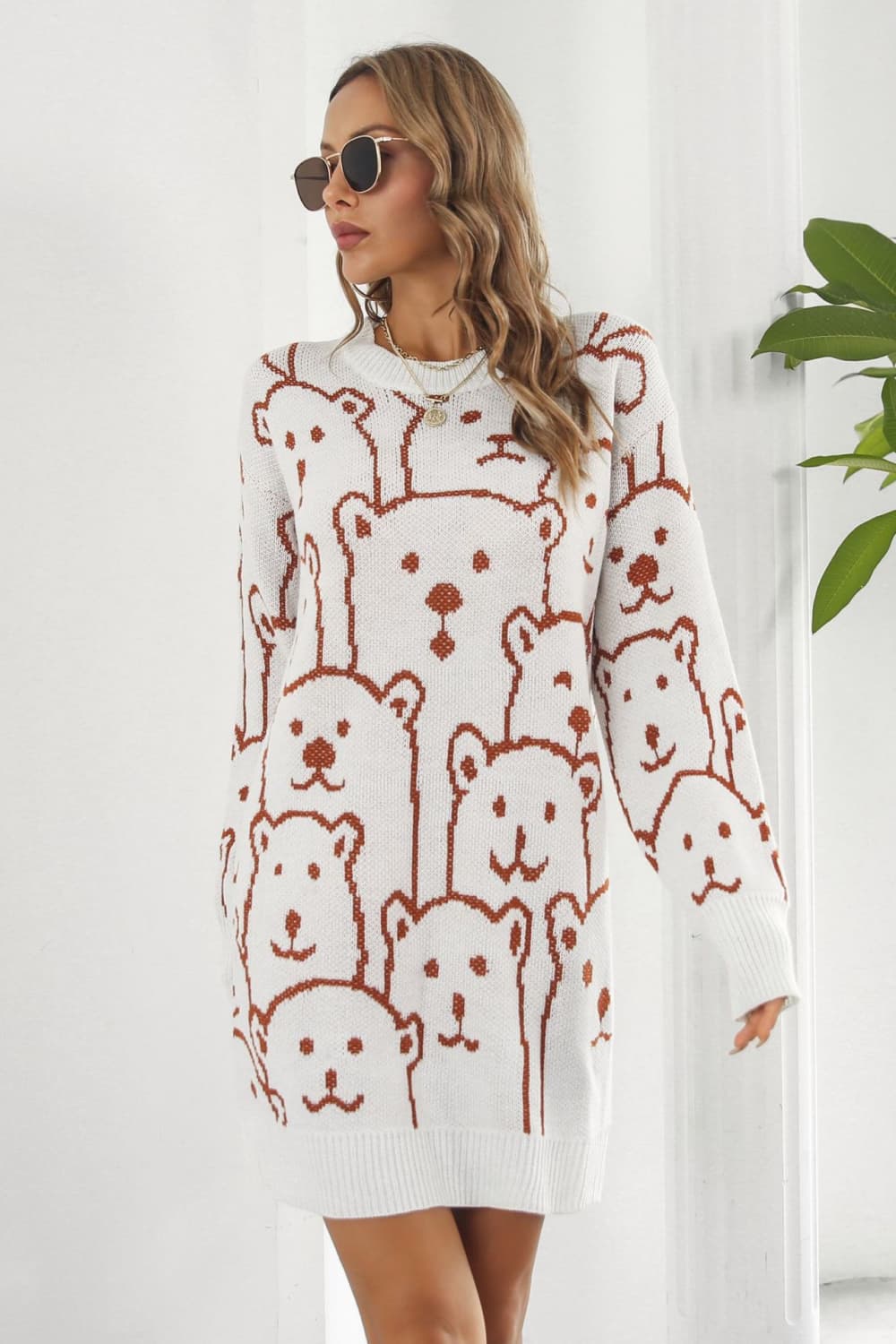 Polar Bear Round Neck Cozy Knit Long Sleeve Mini Sweater Dress