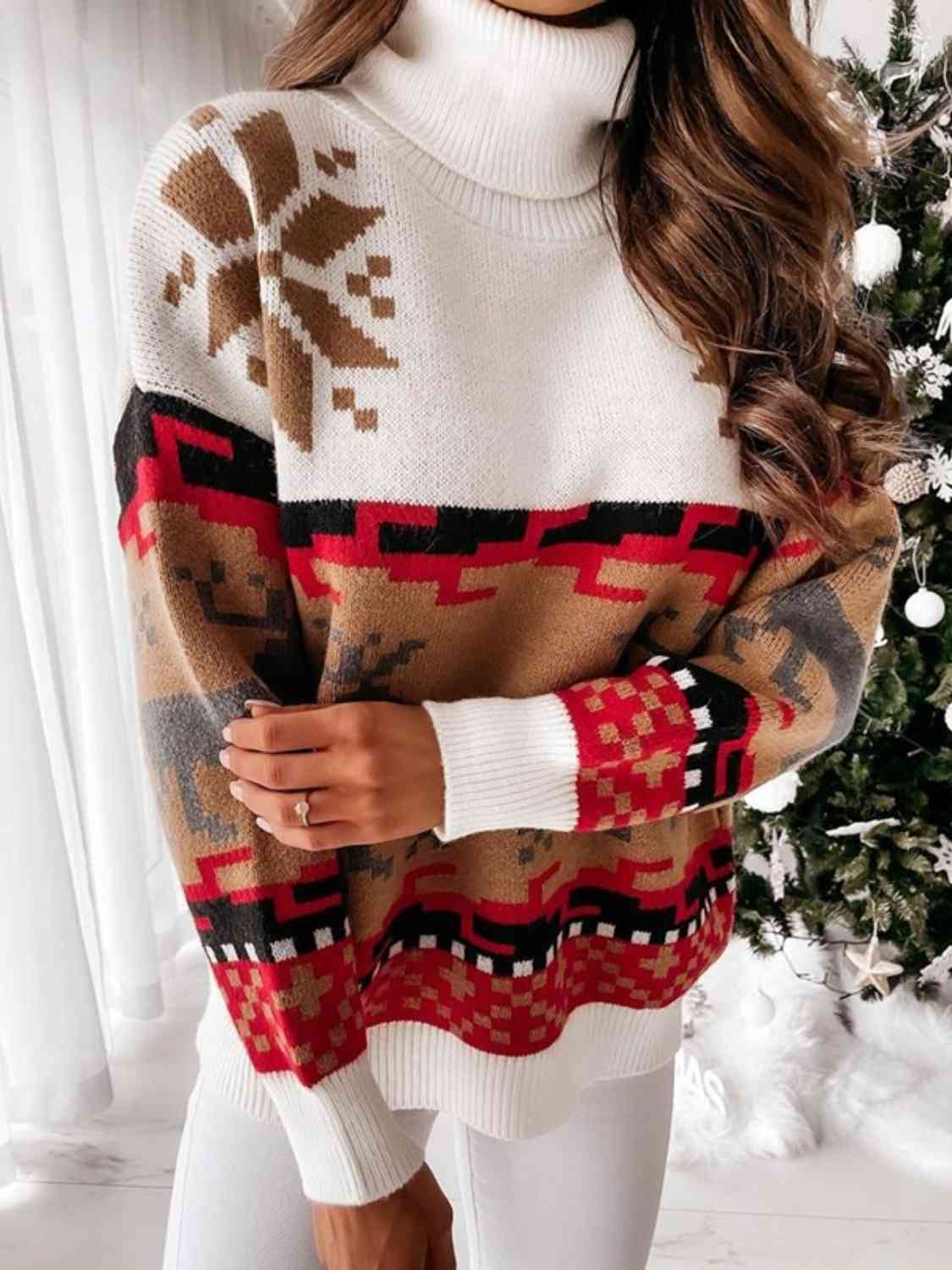 Knit Fair Isle Reindeer Snowflake Turtleneck Bold Geometric Classic Sweater